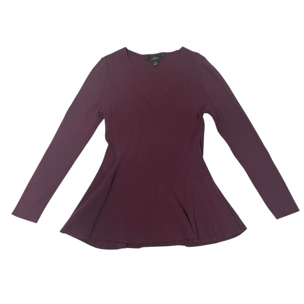Ann Taylor Elegant Burgundy V-Neck Peplum Fall Fitted Sweater Medium